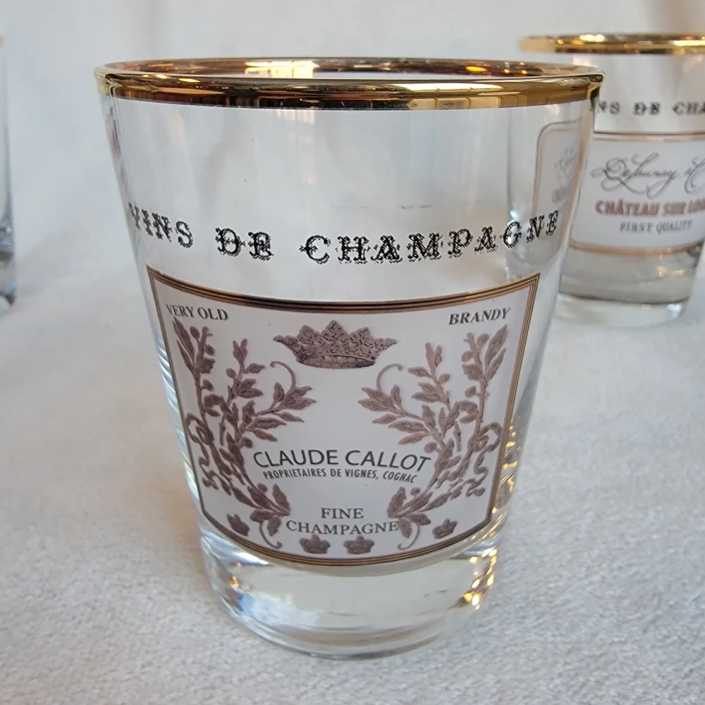 Williams Sonoma 4 Vintage Double Old Fashioned Glasses Gold Rim Cognac Champagne